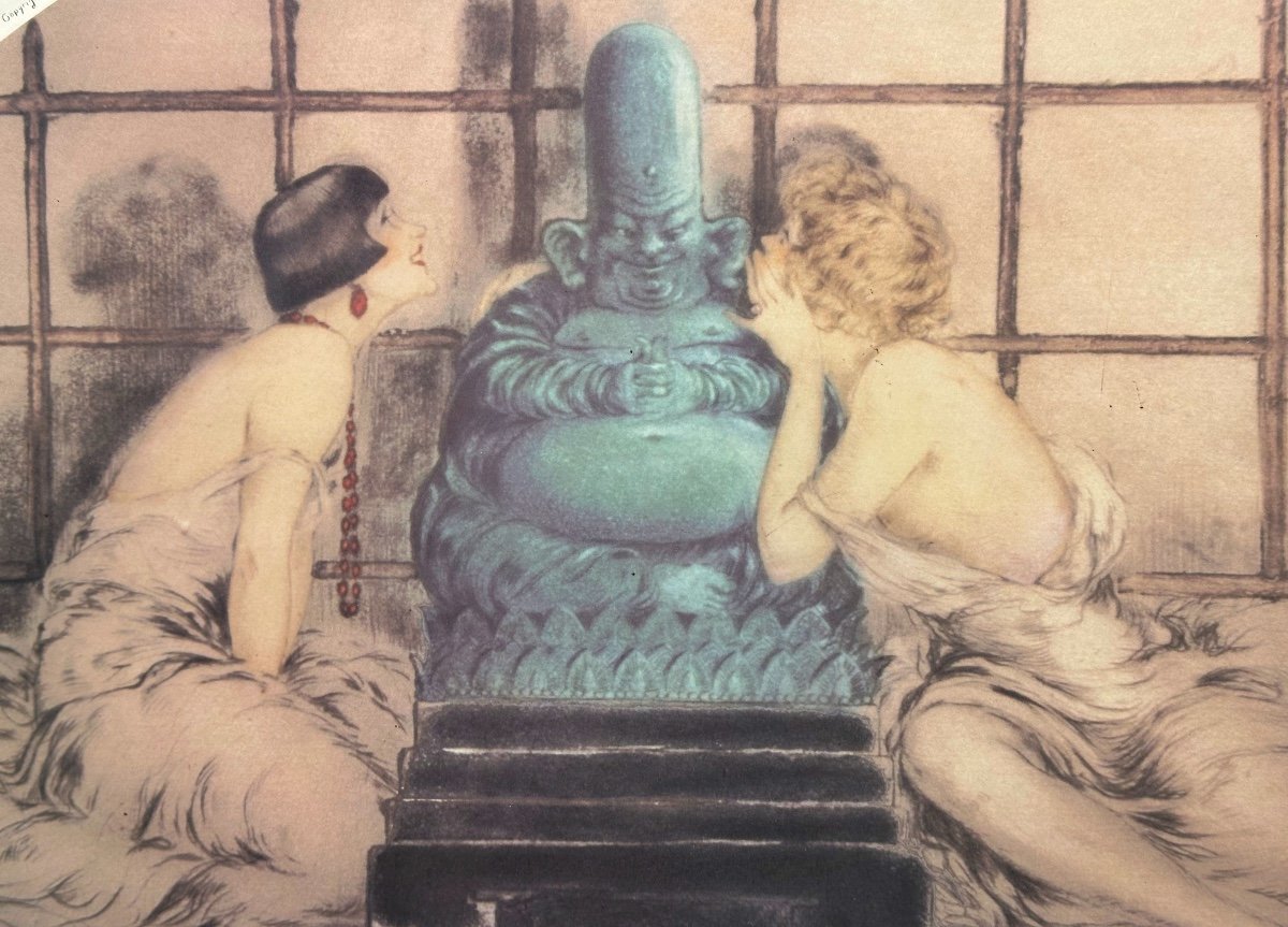 Louis ICART 1888-1950 Grande lithographie Bouddha + élégantes Confidence 1926 Référencé buddha -photo-3