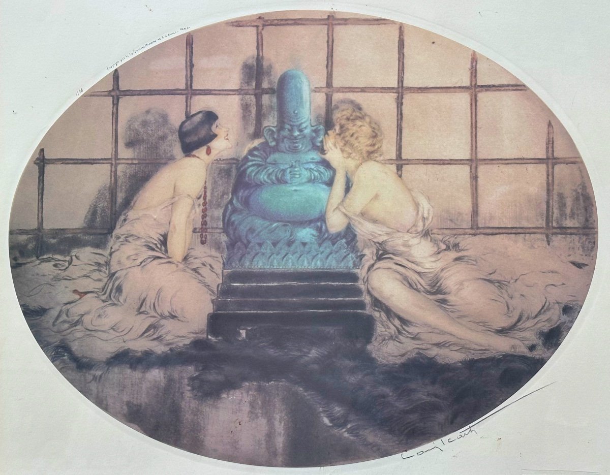 Louis ICART 1888-1950 Grande lithographie Bouddha + élégantes Confidence 1926 Référencé buddha 