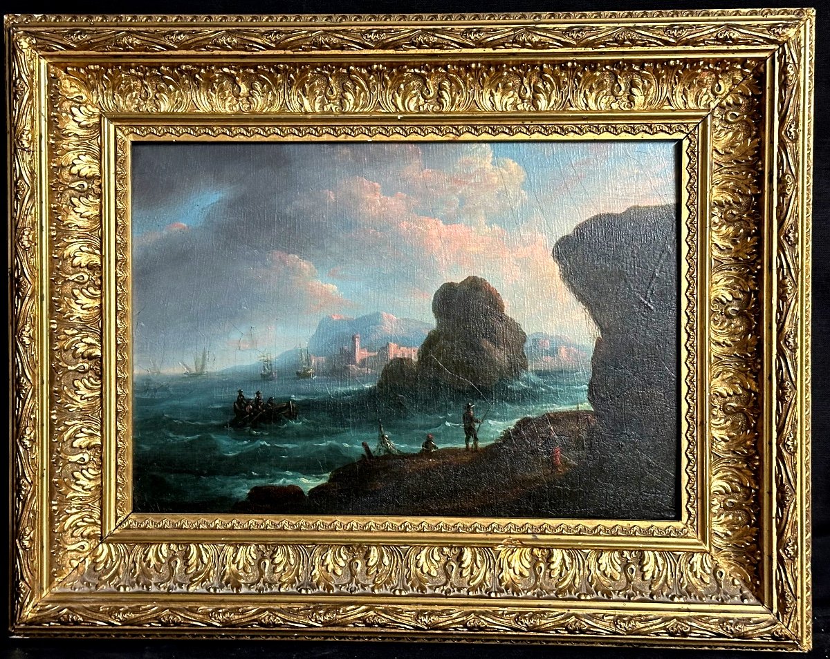 Oil Early 19th Century Animated Marine Boats And Port School Of Lacroix In Marseille 