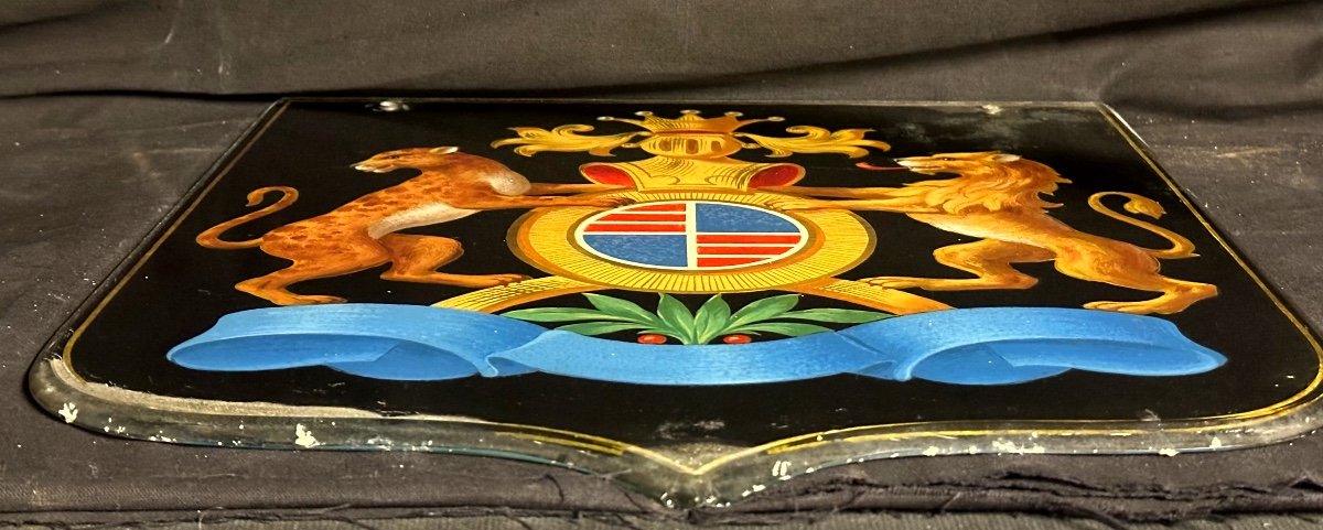 Large Glass Coat Of Arms With Coat Of Arms ? 43.5x40cm -photo-4