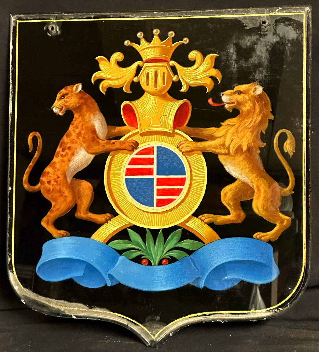 Large Glass Coat Of Arms With Coat Of Arms ? 43.5x40cm 