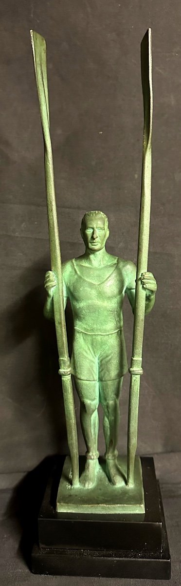 Edouard Fraisse 1880-1956 Rower Large Bronze Sculpture Sportsman With Oars Rowing Competition-photo-2