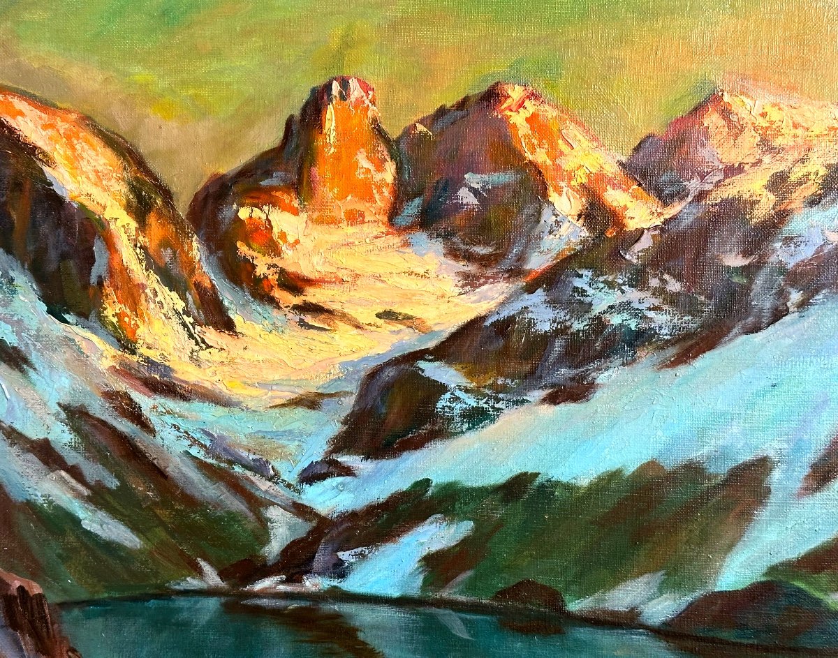 Lucien Quenard 1902-1995 Oil Lake Blanc The 3 Peaks Of Belledonne Alps Grenoble Mountain -photo-3