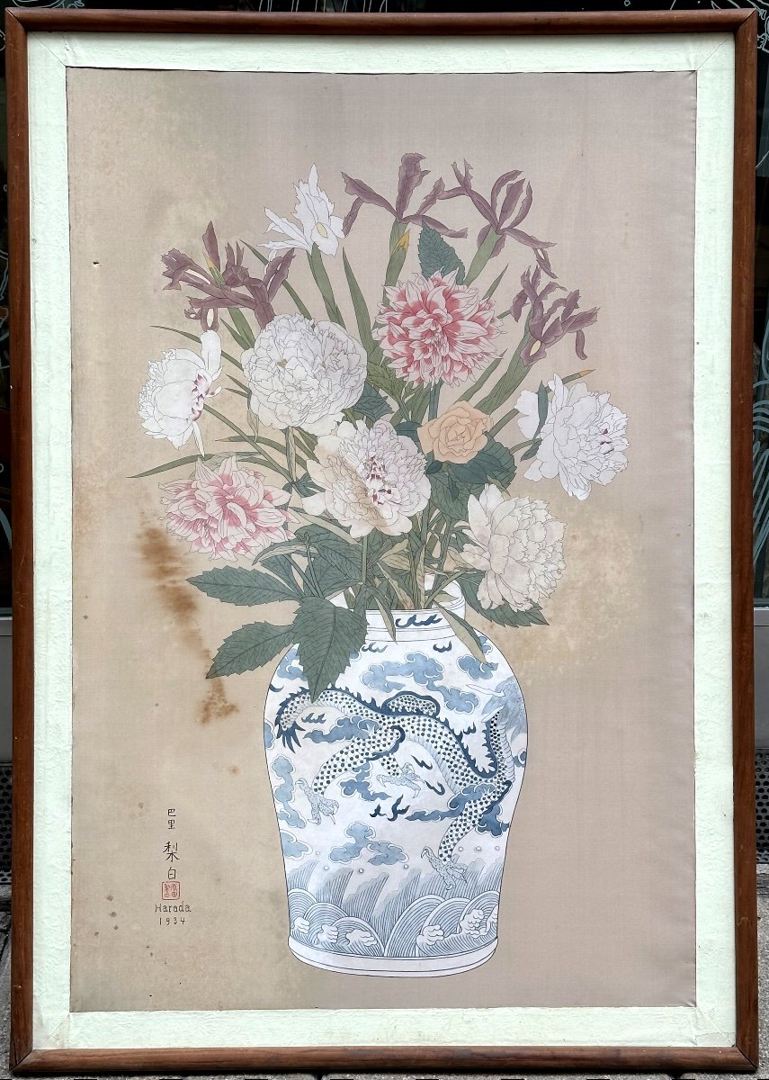 Rihaku HARADA 1890-1954 GRANDE peinture sur soie 1934 Pivoines et Iris dans vase Asie120x85cm -photo-2