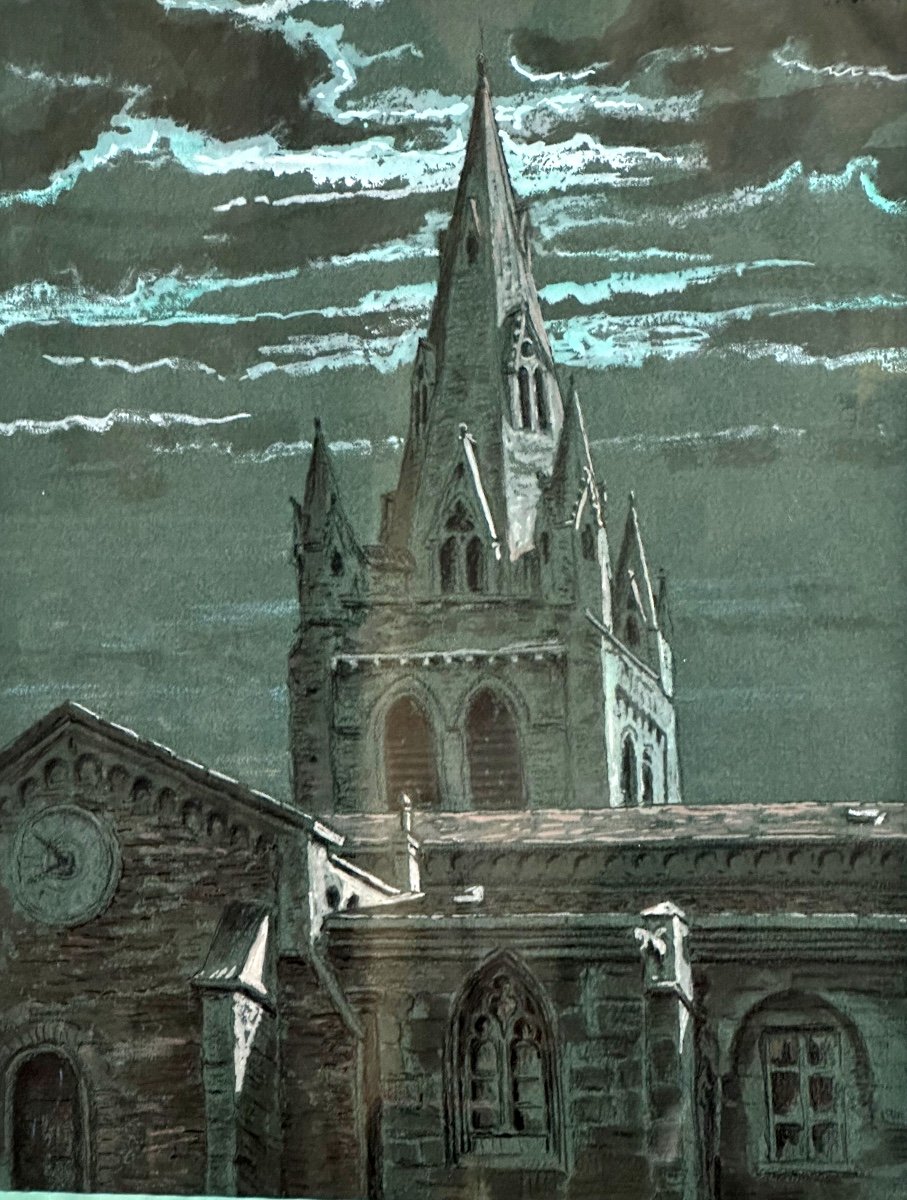 Octave BELLET XIXe-XXe Le clocher de Saint André église Grenoble Collégiale sous la lune nuit