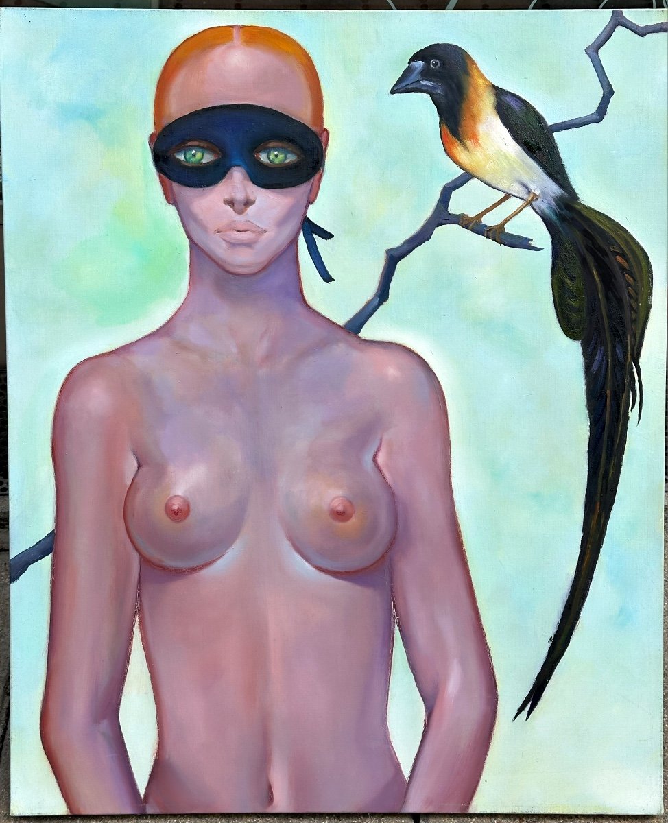 Sergio Brizio 1928-1997 Large Symbolist Oil Painting Of A Naked Woman And A Bird Of Paradise-photo-2