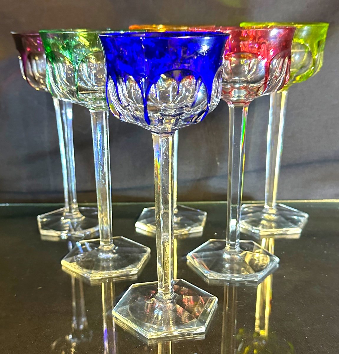 Baccarat 6 Crystal Wine Glasses Colors Malmaison Model Signed Tableware Colour -photo-2