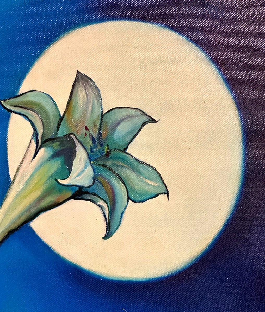 Sergio Brizio 1928-1997 Symbolist Oil Lily And Moon Lily Flower Purity -photo-4