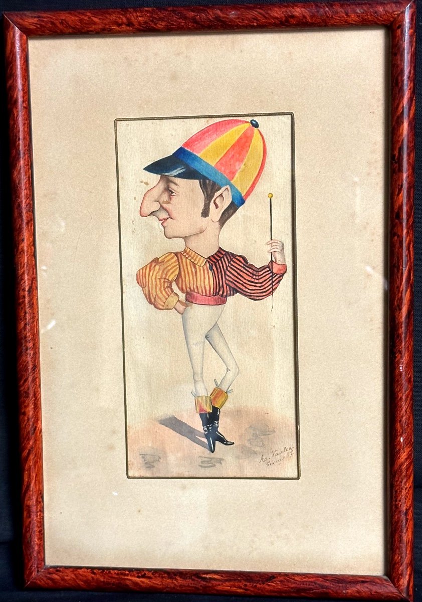 Rare 19th Century Watercolor Jockey Dandy Signed A.vaulon 1887 Horse Racing Equestrianism  -photo-2