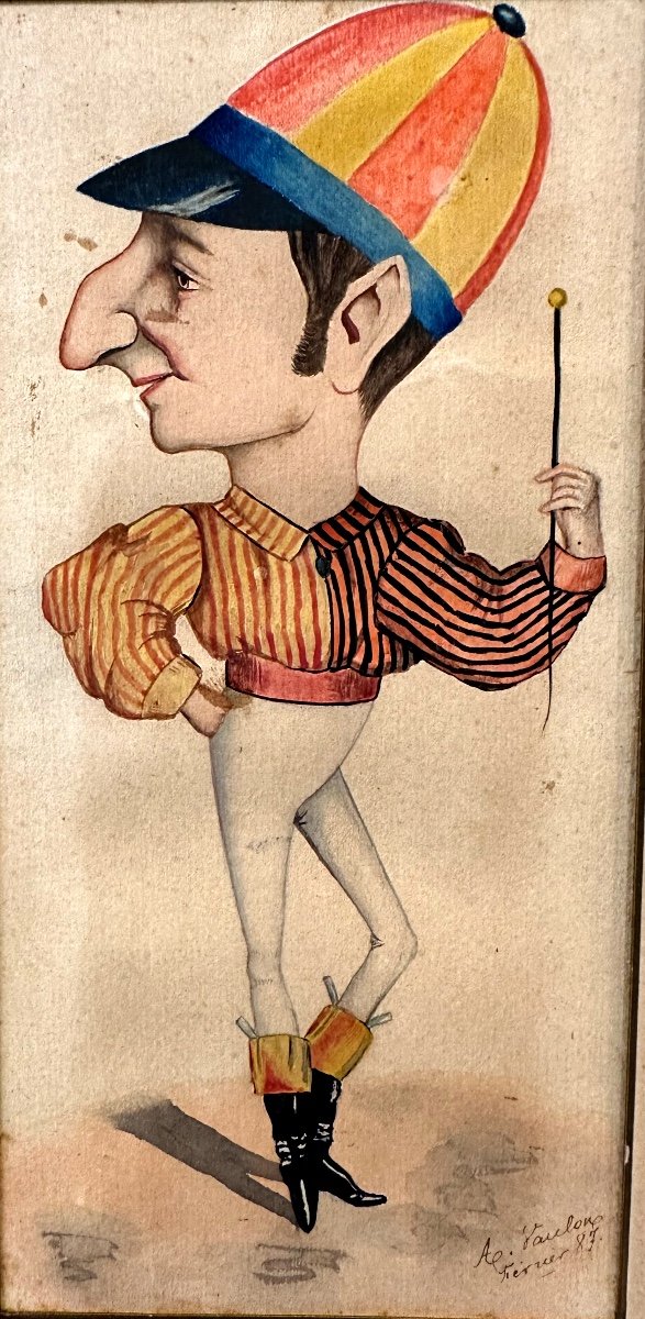 Rare 19th Century Watercolor Jockey Dandy Signed A.vaulon 1887 Horse Racing Equestrianism  