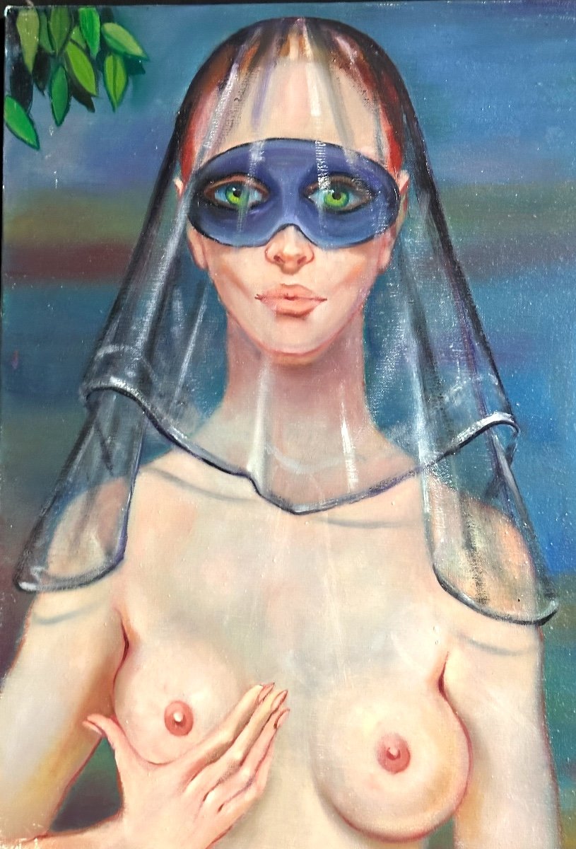 Sergio BRIZIO 1928-1997 Huile Symboliste Jeune femme masquée au hibou Le gardien de la nuit -photo-3