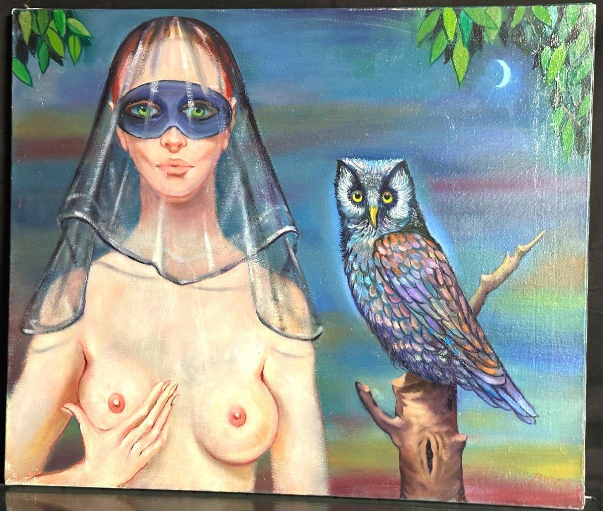 Sergio BRIZIO 1928-1997 Huile Symboliste Jeune femme masquée au hibou Le gardien de la nuit 