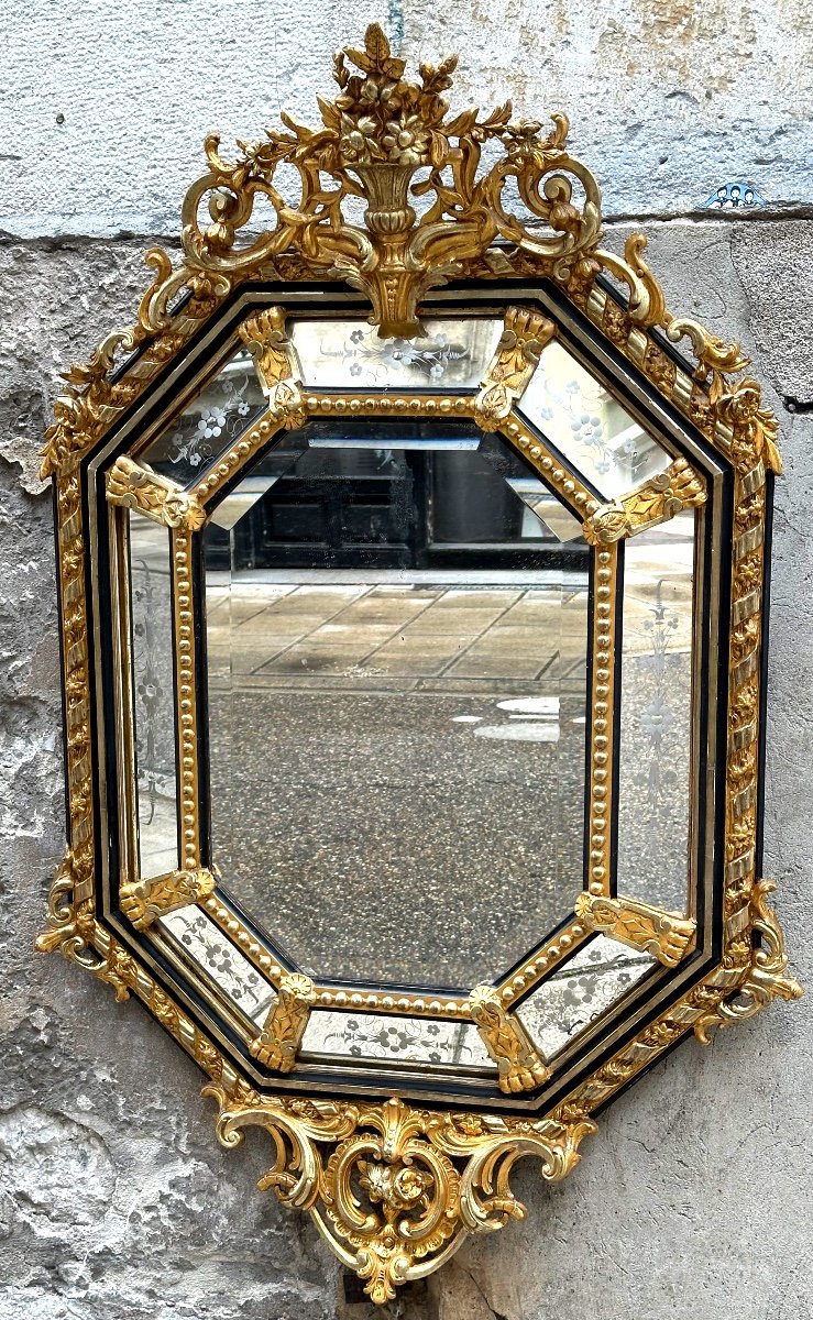 Important miroir à parecloses 126x83cm XIXe glace octogonale gravée 