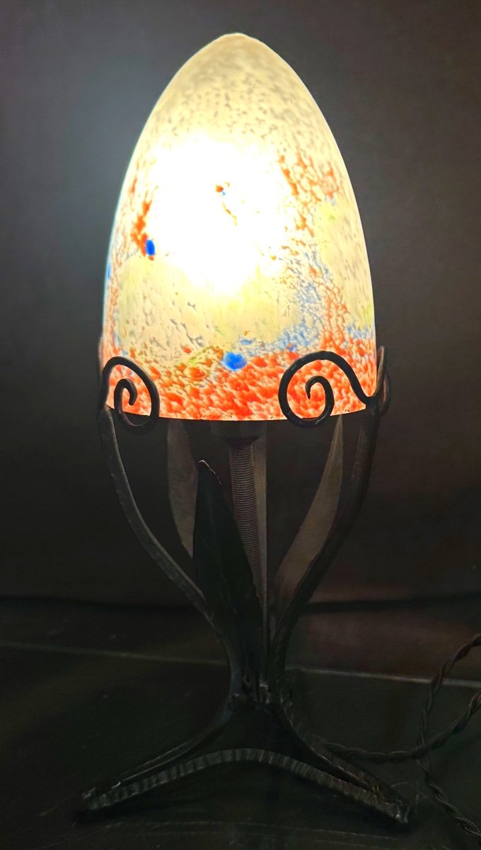 Mulaty In Lyon Signed Art Deco Table Lamp In Wrought Iron And Colored Glass 1920-photo-2