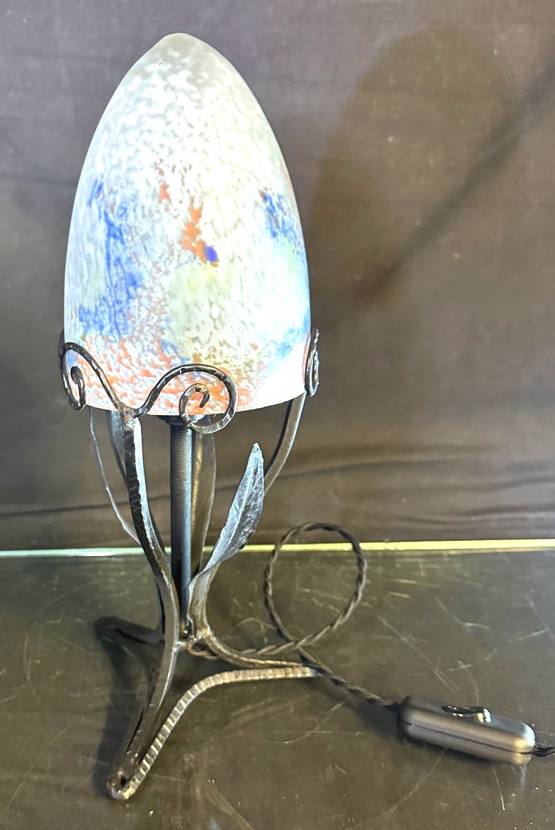 Mulaty In Lyon Signed Art Deco Table Lamp In Wrought Iron And Colored Glass 1920-photo-4