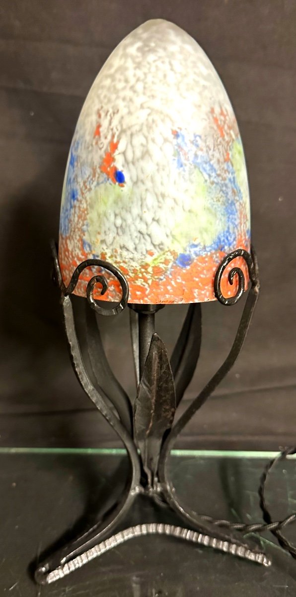 Mulaty In Lyon Signed Art Deco Table Lamp In Wrought Iron And Colored Glass 1920