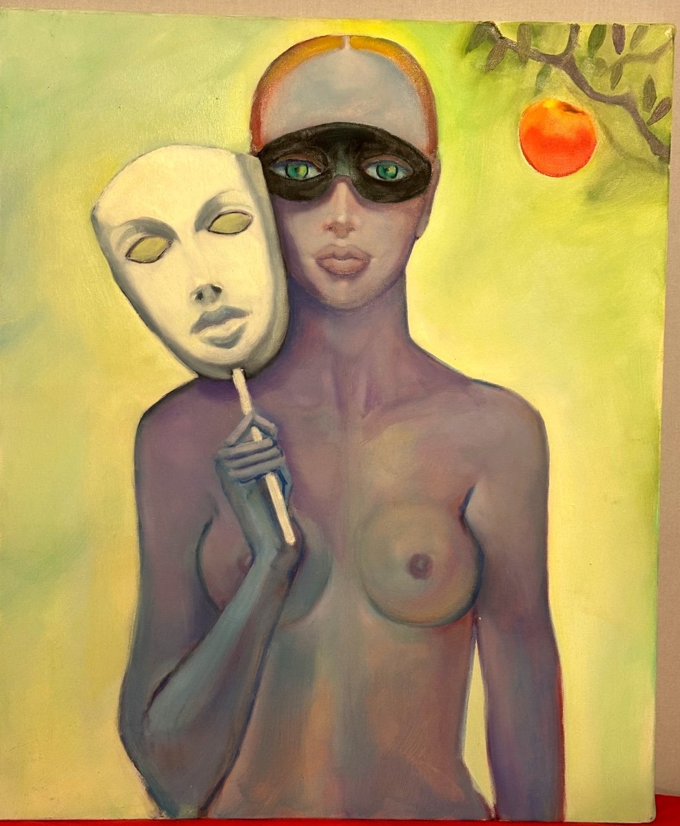 Sergio BRIZIO 1928-1997 Huile Symboliste Jeune femme nue et masquée à la pomme -photo-2