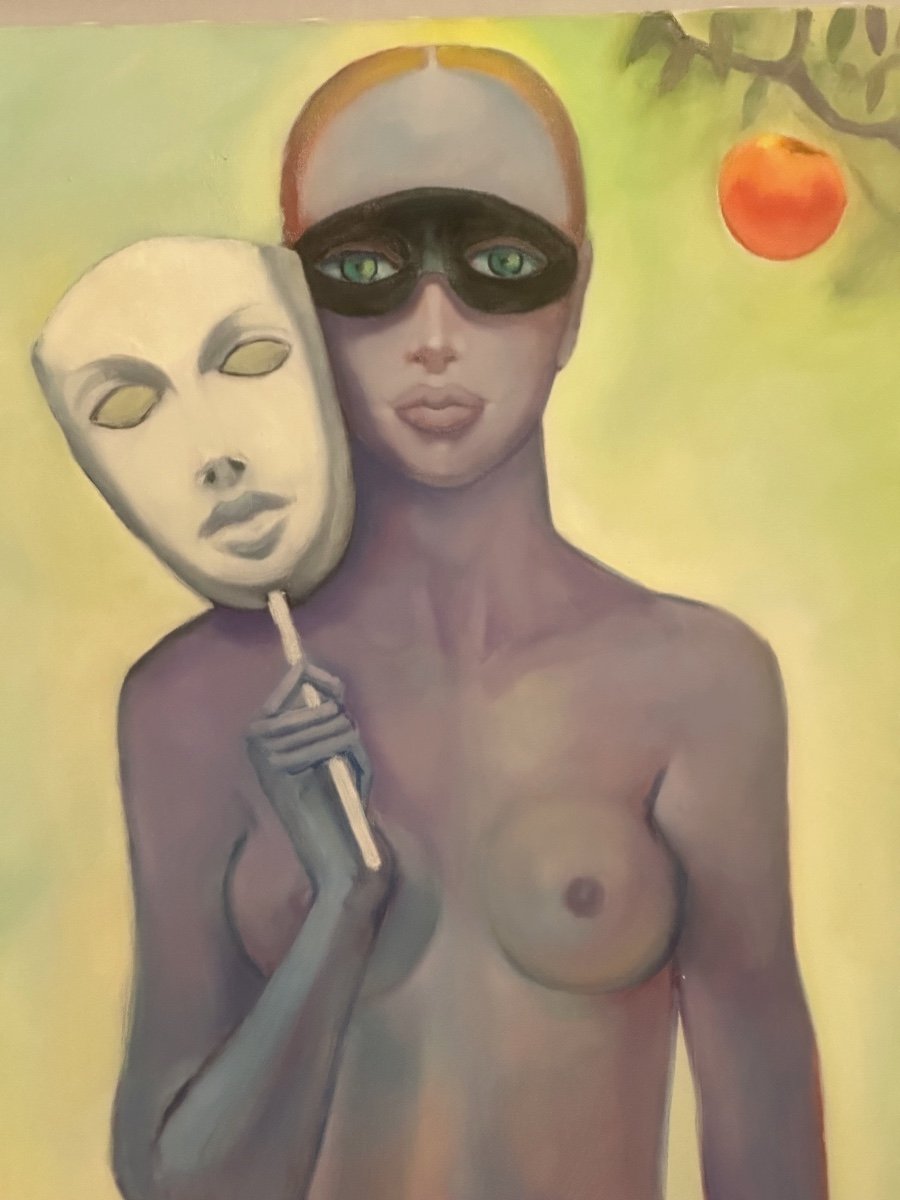 Sergio BRIZIO 1928-1997 Huile Symboliste Jeune femme nue et masquée à la pomme 