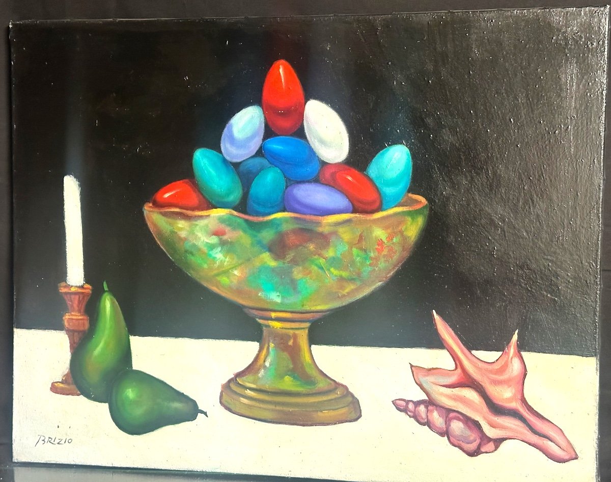 Sergio Brizio 1928-1997 Symbolist Oil Centerpiece Shell Eggs Candle And Pears -photo-2