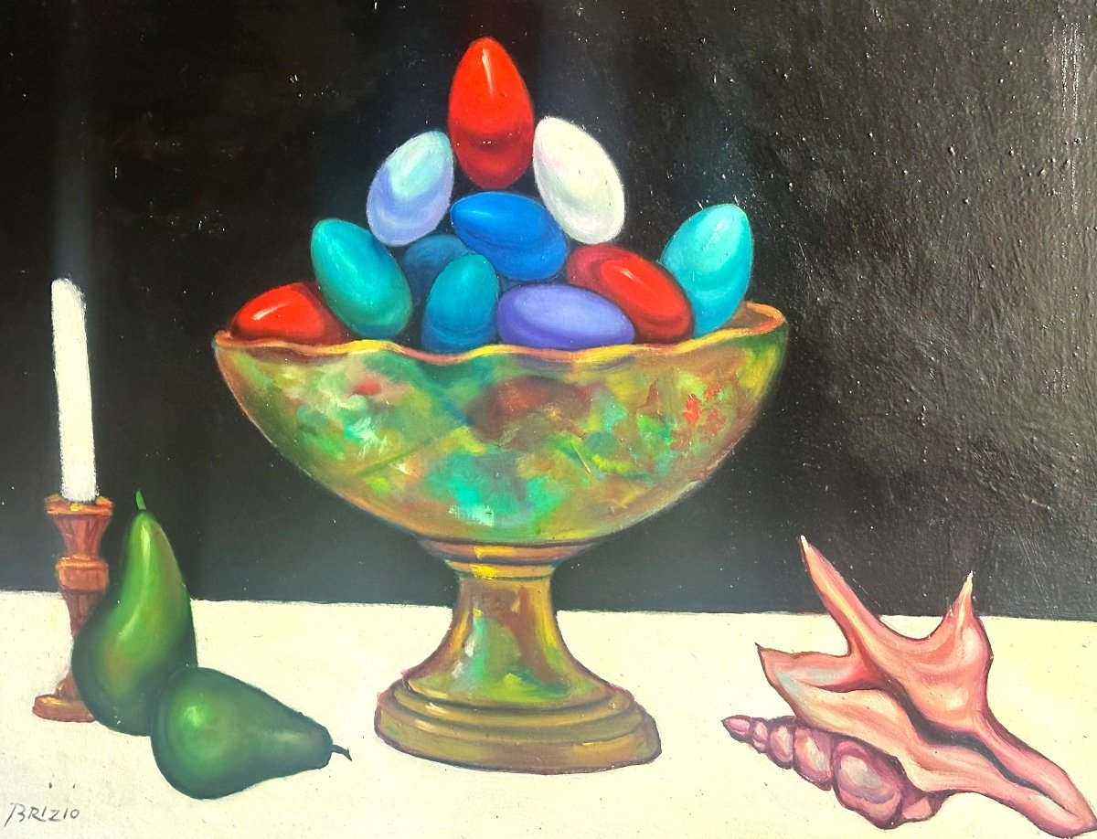 Sergio Brizio 1928-1997 Symbolist Oil Centerpiece Shell Eggs Candle And Pears 