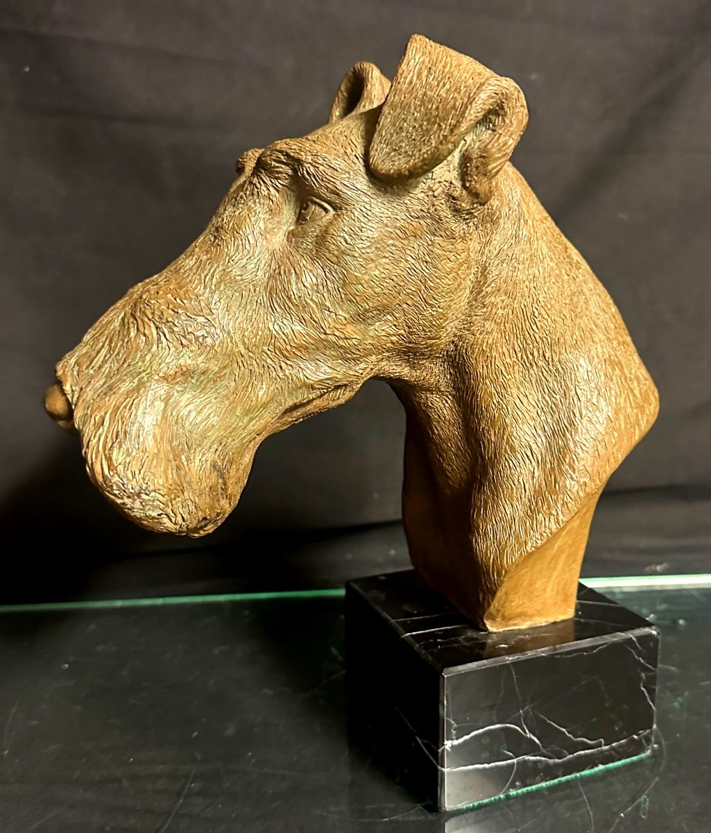 Grand FOX TERRIER socle marbre épreuve en galvanoplastie laiton Tirage limité Art Deco chien