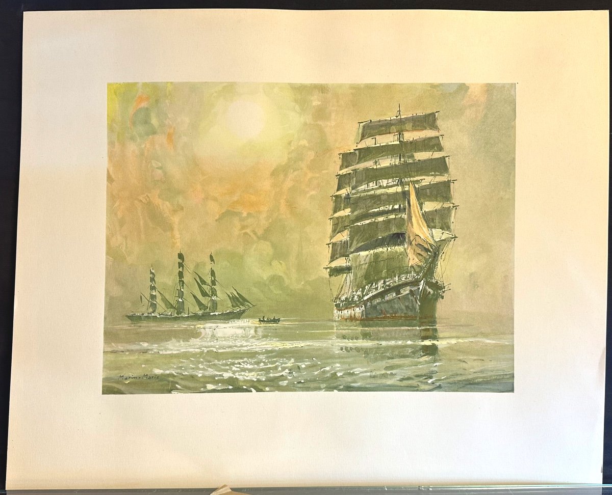 Marin Marie 1901-1987 Lithograph Colors Marine Three Masts Sailing Marin-marie Navigation-photo-2