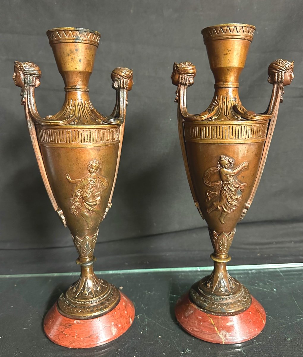 Paire De Vases En Bronze XIXe Sur Marbre Griotte Décor à L’antique  Grecque Barbedienne Dlg