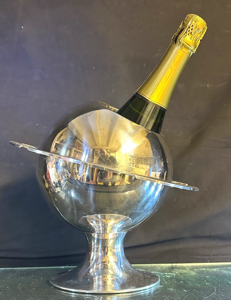 Rare Saturn Champagne Bucket And Flute Holder Signed Michel Dartois Silver Metal Sputnik Very Good Condition -photo-2