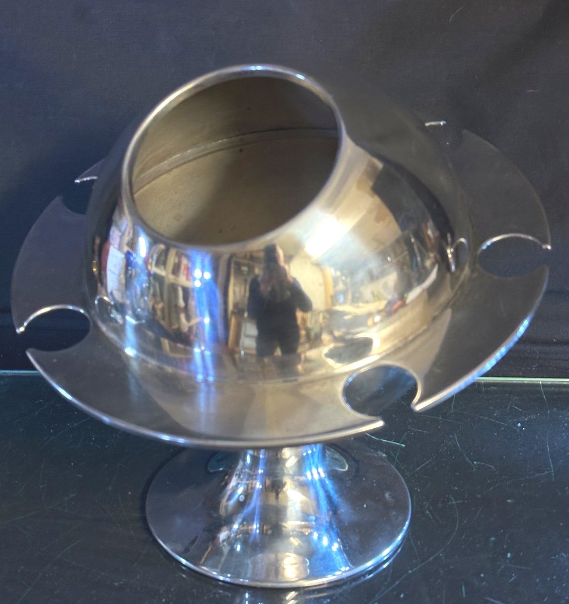 Rare Saturn Champagne Bucket And Flute Holder Signed Michel Dartois Silver Metal Sputnik Very Good Condition -photo-3