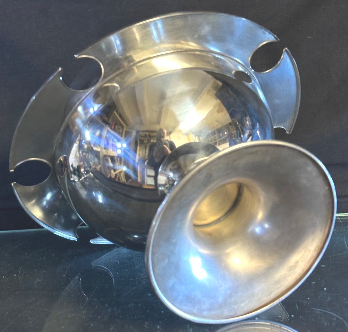 Rare Saturn Champagne Bucket And Flute Holder Signed Michel Dartois Silver Metal Sputnik Very Good Condition -photo-2