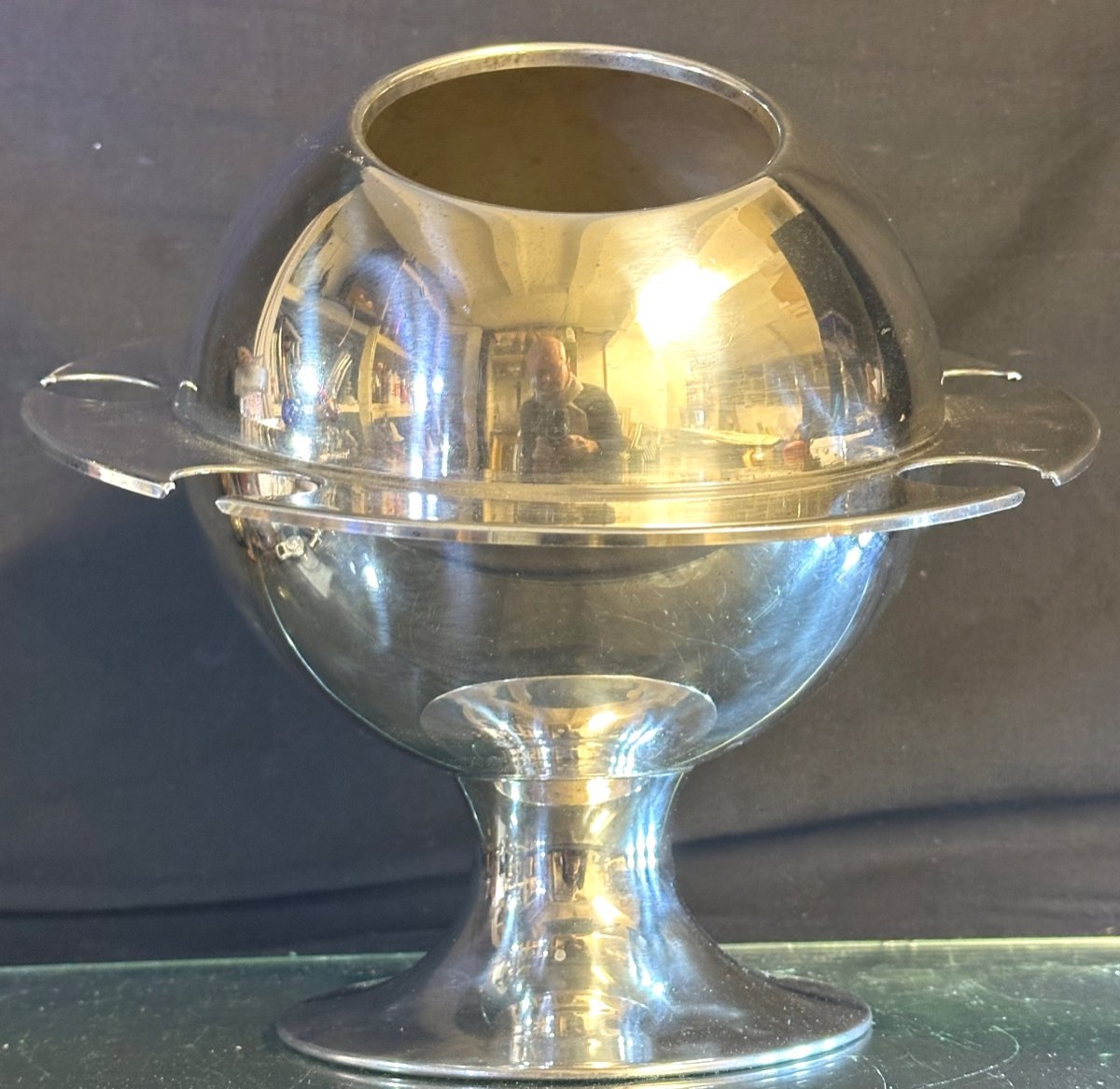 Rare Saturn Champagne Bucket And Flute Holder Signed Michel Dartois Silver Metal Sputnik Very Good Condition -photo-3