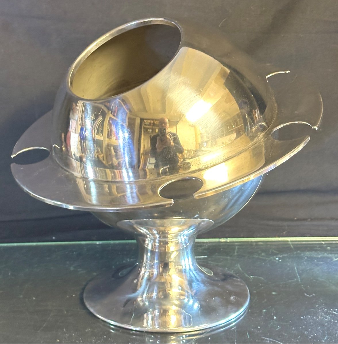 Rare Saturn Champagne Bucket And Flute Holder Signed Michel Dartois Silver Metal Sputnik Very Good Condition -photo-5