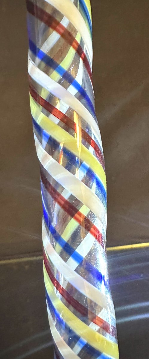 19th Century Conscript Cane In Hollow Glass With Twisted Blue White Red Yellow Decor 103cm-photo-3