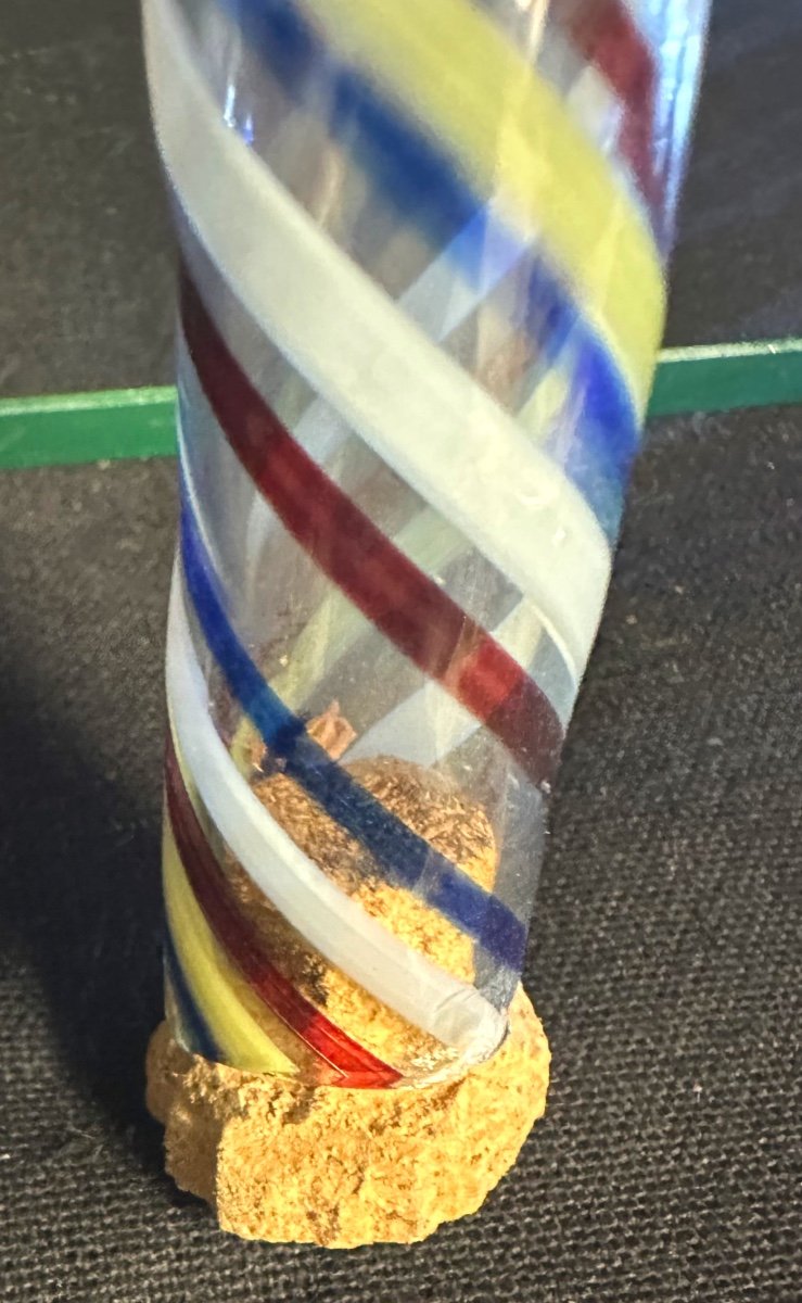 19th Century Conscript Cane In Hollow Glass With Twisted Blue White Red Yellow Decor 103cm-photo-3