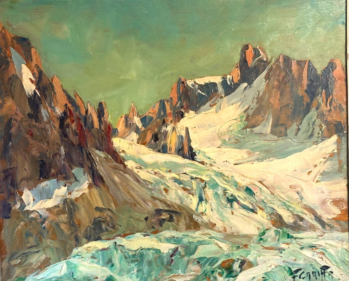 Francis Cariffa 1890-1975 The Argentiere Glacier Mont Blanc Aiguille Du Chardonnet Oil Alps