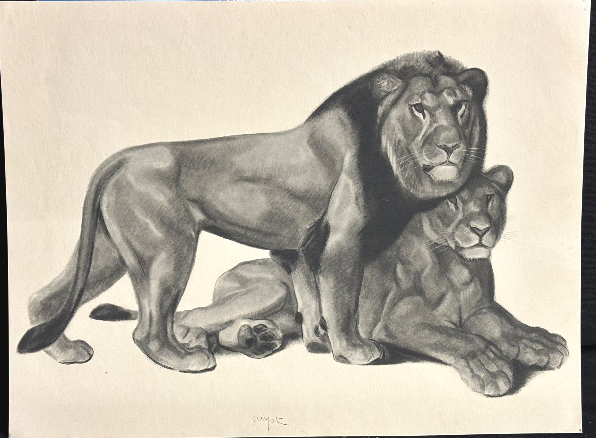 Georges Lucien GUYOT Lion et lionne lithographie Art Deco -photo-2