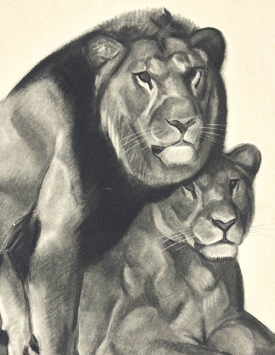 Georges Lucien GUYOT Lion et lionne lithographie Art Deco -photo-4