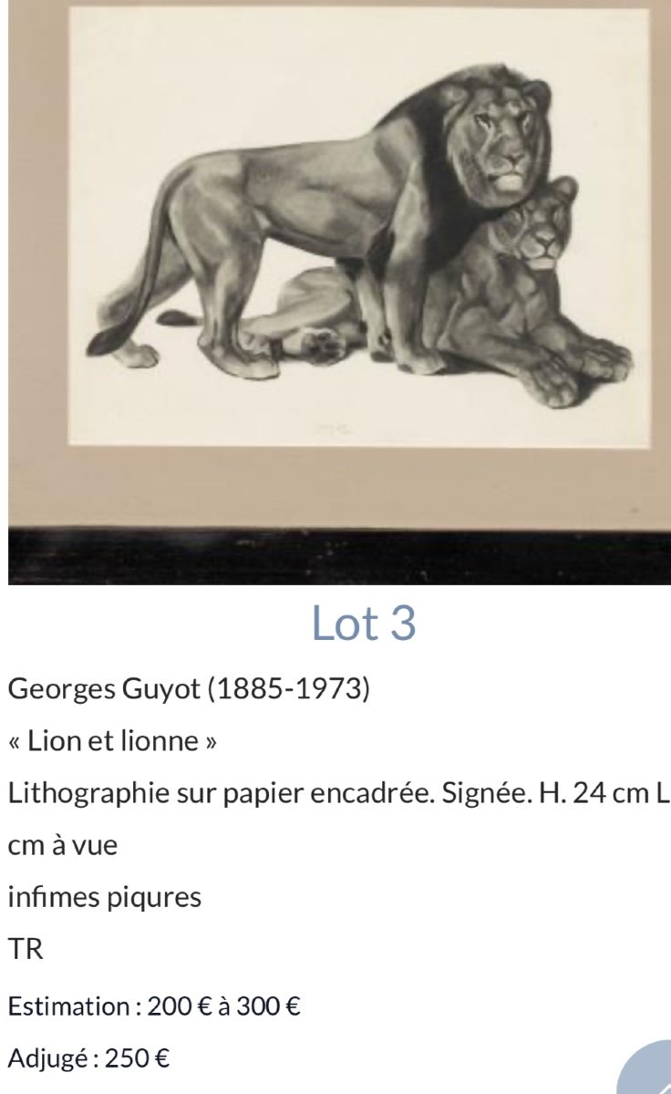 Georges Lucien GUYOT Lion et lionne lithographie Art Deco -photo-1