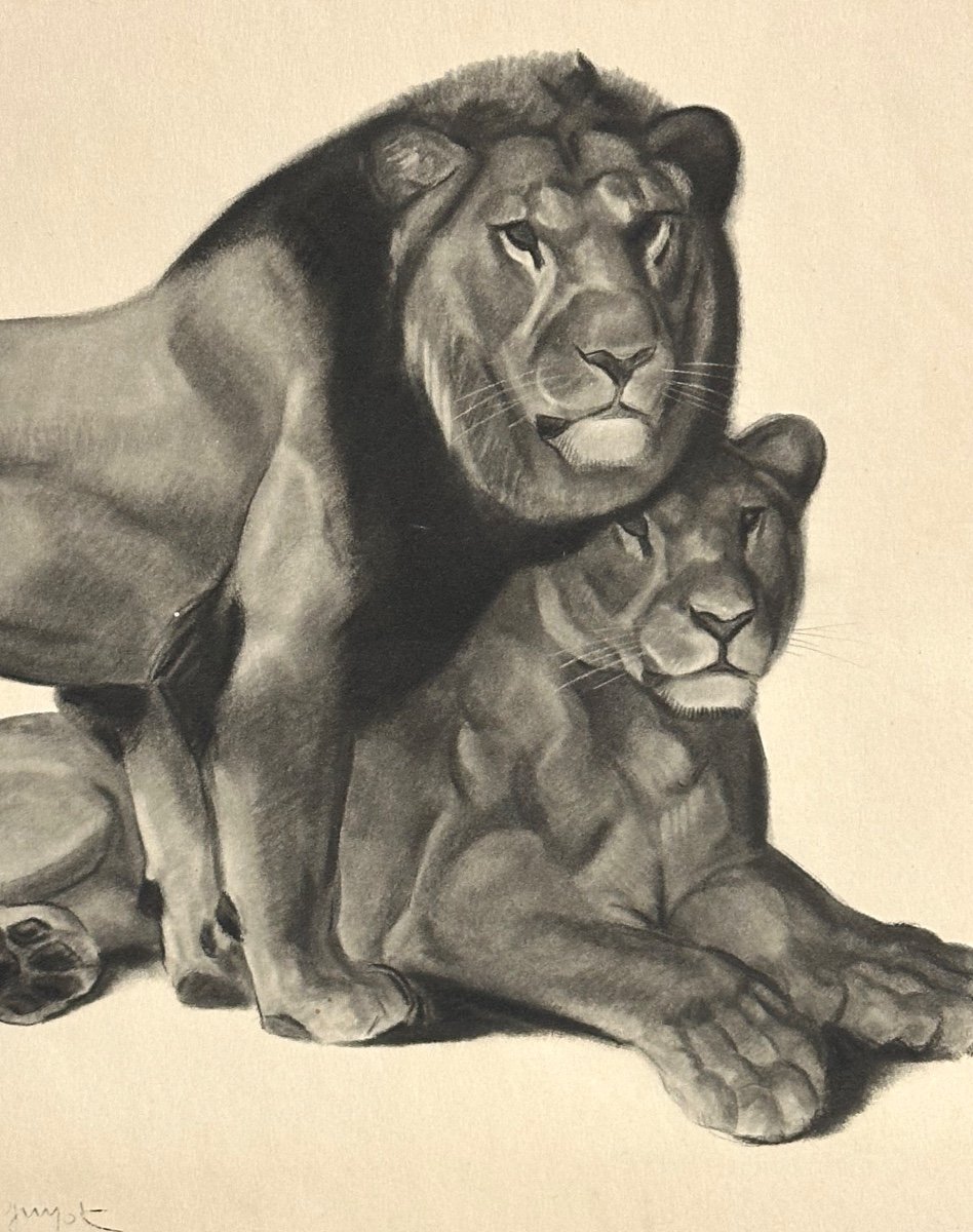 Georges Lucien GUYOT Lion et lionne lithographie Art Deco 