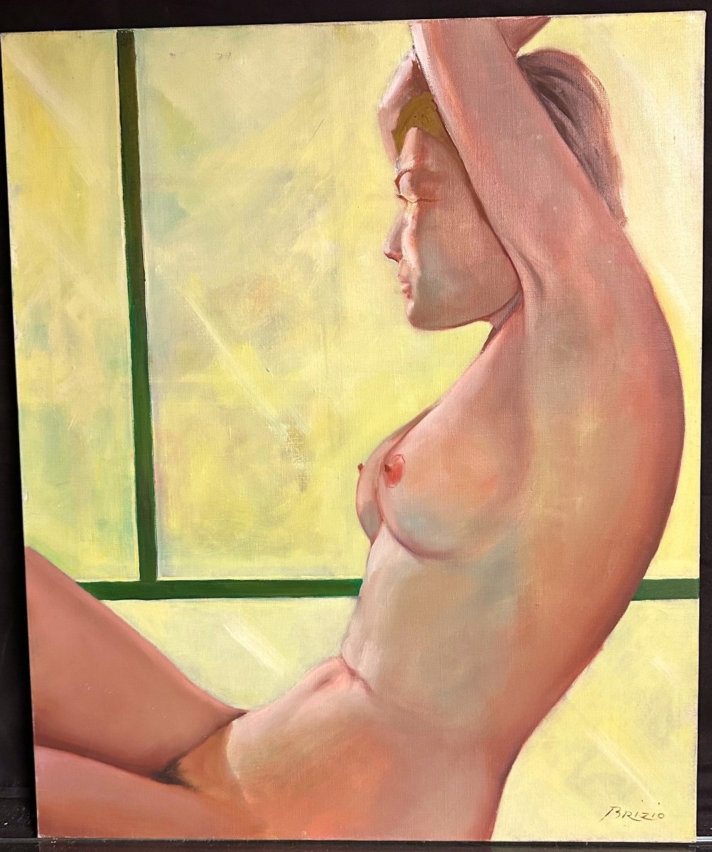 Sergio Brizio 1928-1997 Oil Nude On Screen Young Woman 65x54cm-photo-2