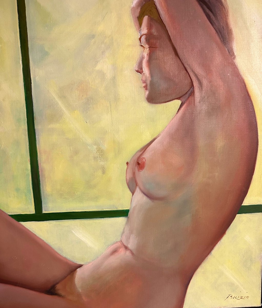 Sergio Brizio 1928-1997 Oil Nude On Screen Young Woman 65x54cm