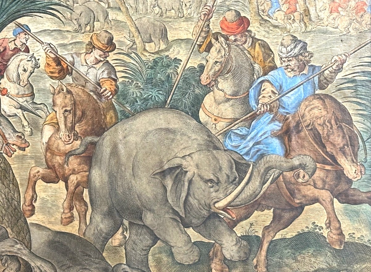 Philippe GALLE 1537-1612 d’après Chasse à l’éléphant Ancienne gravure Joannes STRADANUS chasse