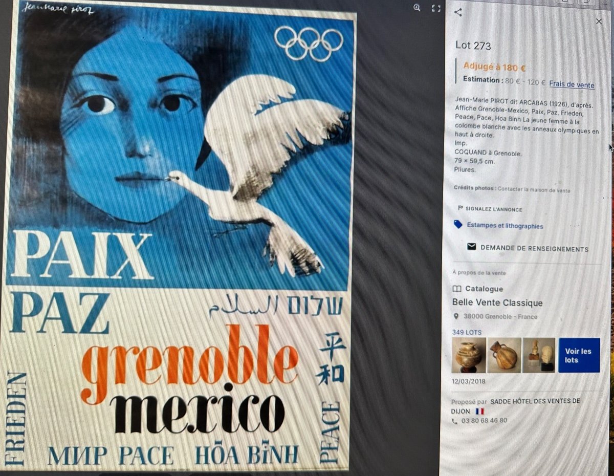 RARE Affiche ARCABAS Jeux Olympiques d’hiver Grenoble 1968 Paix Mexico sport Jean Marie PIROT -photo-5