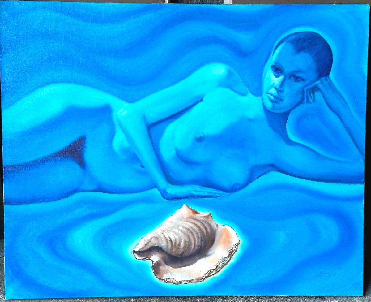 Sergio Brizio 1928-1997 Large Oil 81x100cm Female Nude With Shell Signed Symbolism-photo-2