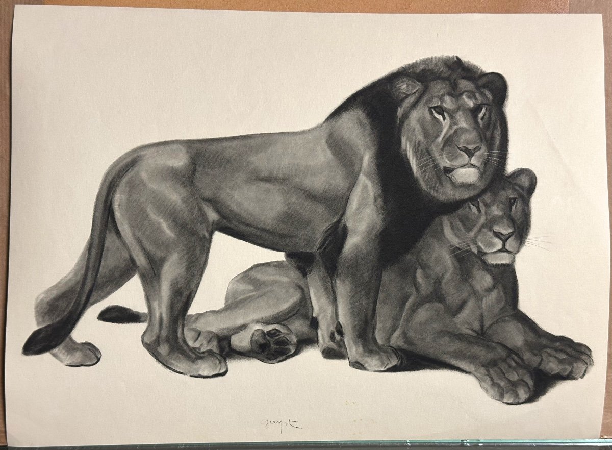 Georges Lucien Guyot Lion And Lioness Art Deco Lithograph-photo-2