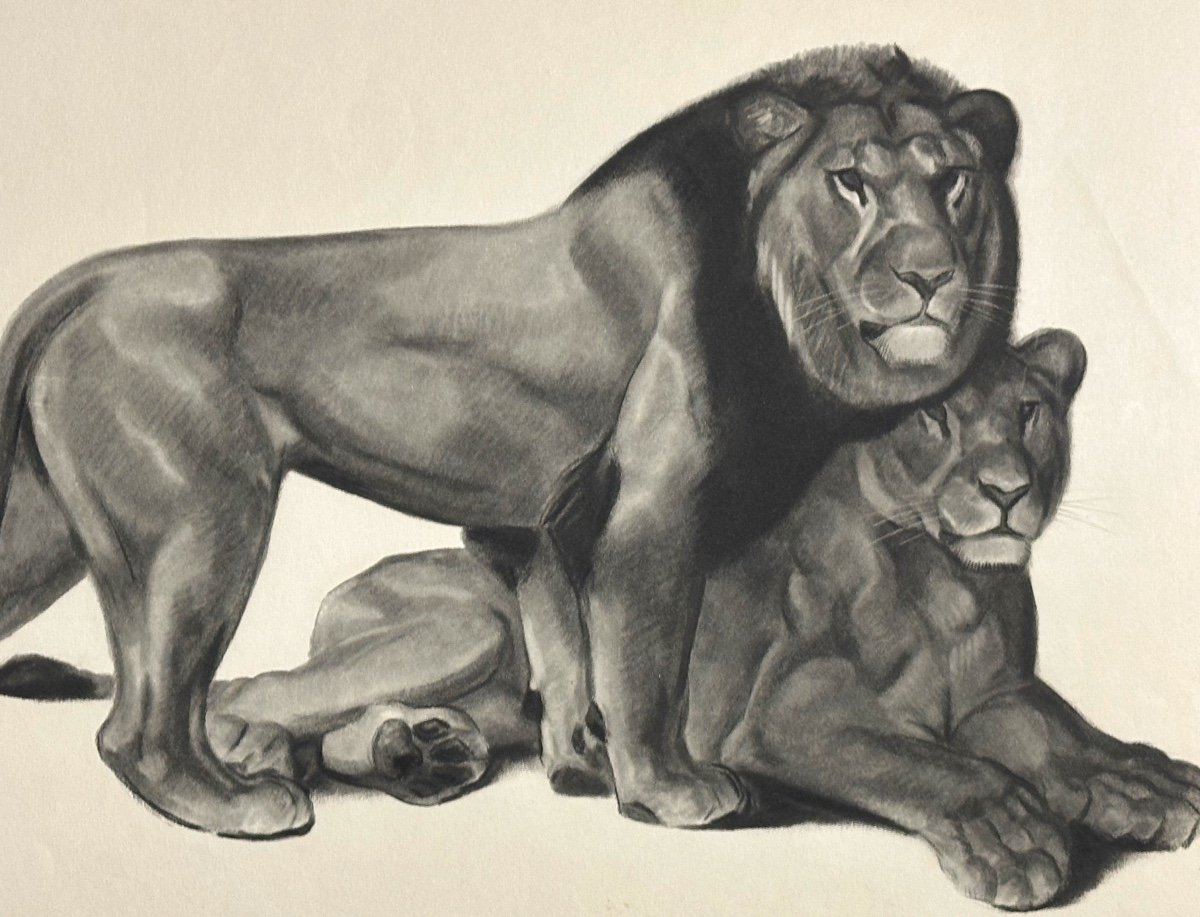 Georges Lucien Guyot Lion And Lioness Art Deco Lithograph-photo-3