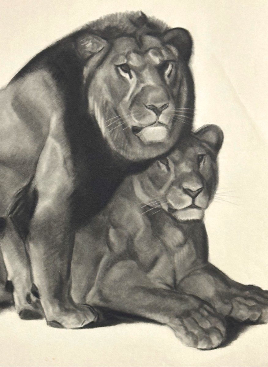 Georges Lucien Guyot Lion And Lioness Art Deco Lithograph