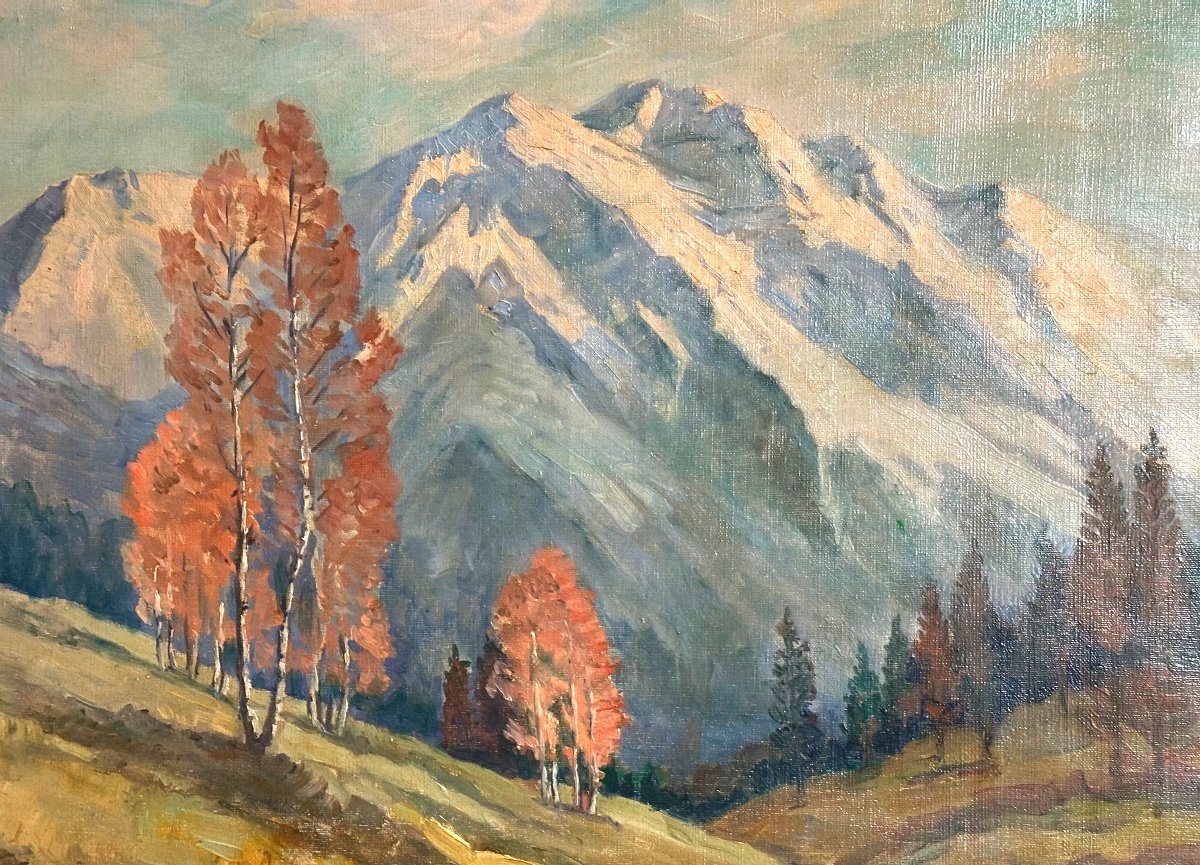 Constantin Font 1890-1954 Large Oil Massif Of Mont Blanc Snowy Alps Mountain 