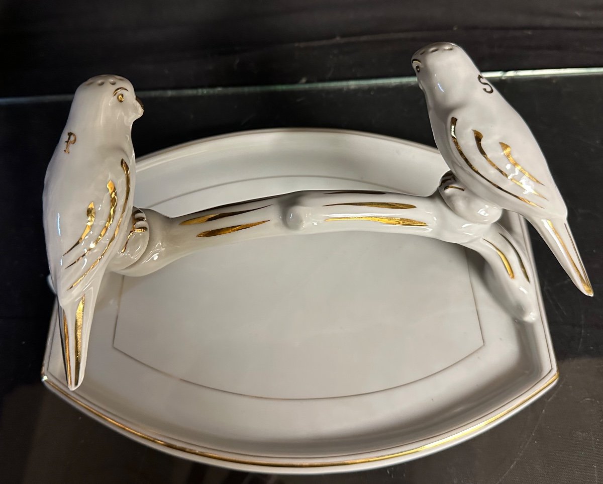 Salt And Pepper Shakers Parakeets Porcelain Art Deco Empty Pocket Tray In Very Good Condition -photo-2