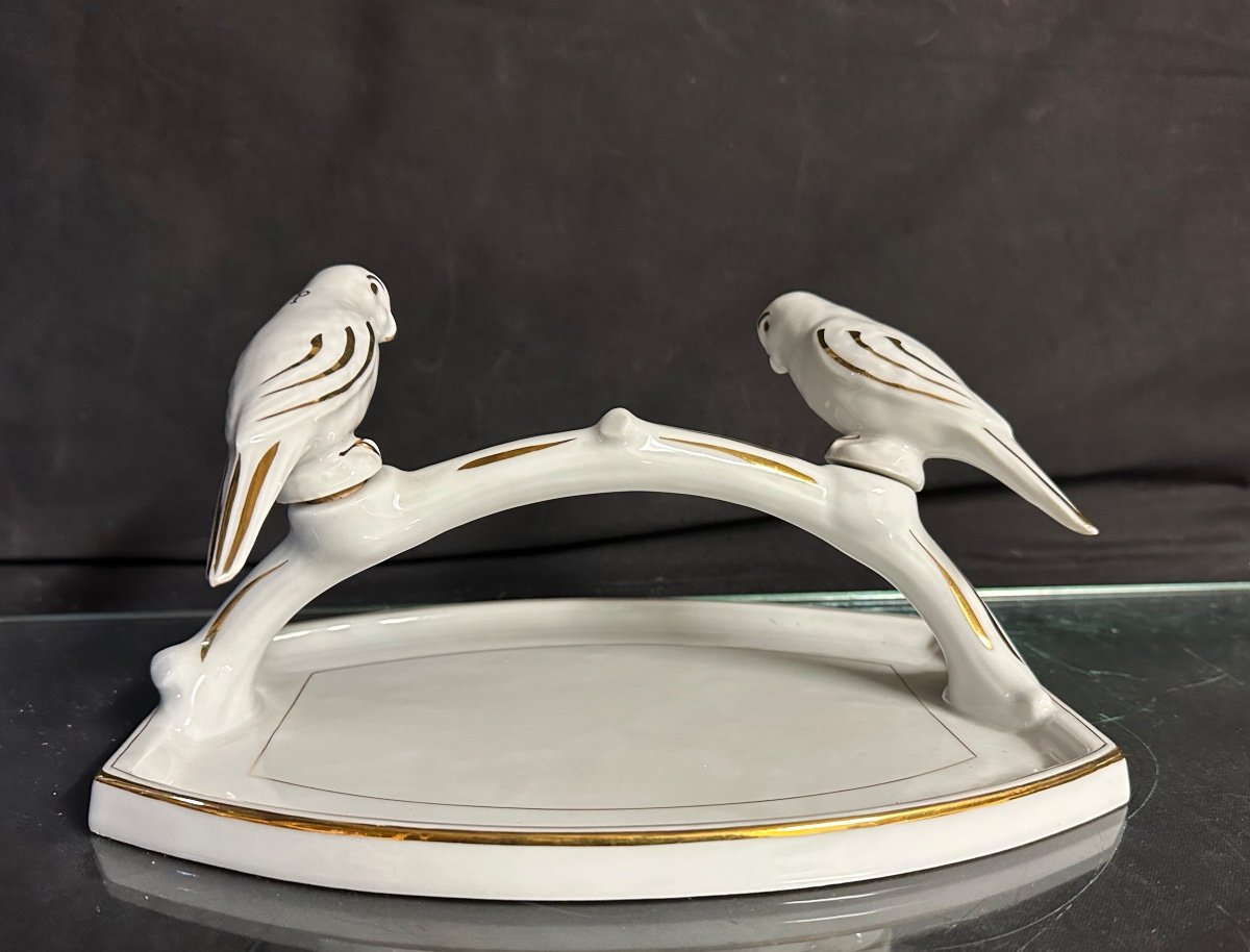 Salt And Pepper Shakers Parakeets Porcelain Art Deco Empty Pocket Tray In Very Good Condition -photo-3